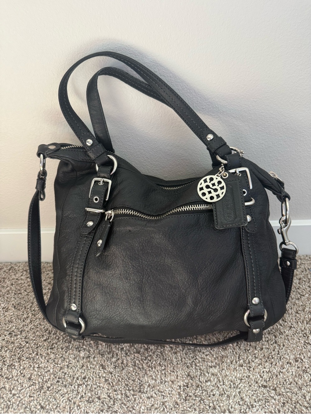 Coach Black Leather Satchel with Silver Hardware